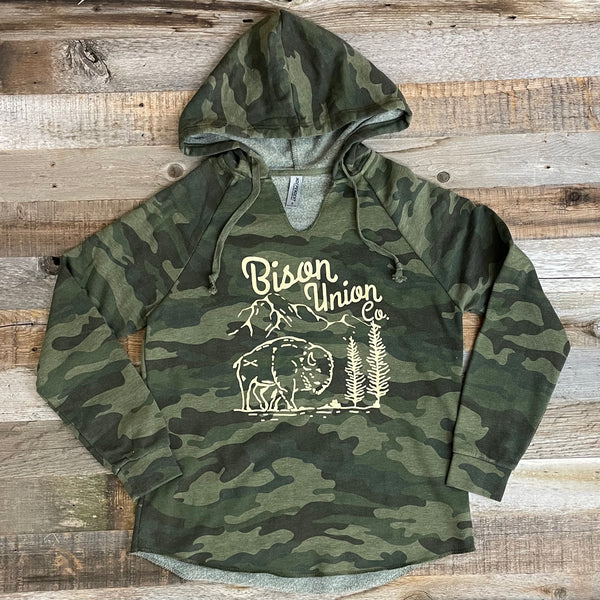 Women's Camo Fly Bison Hoodie - Fly Fishing Sweatshirt, Softest Sweatshirt Ever! S / Camo